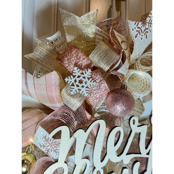 Christmas Snowflake Holiday Ribbon Door Wreath Handmade 22 ins LED W43 Gold - Picture 7 of 12